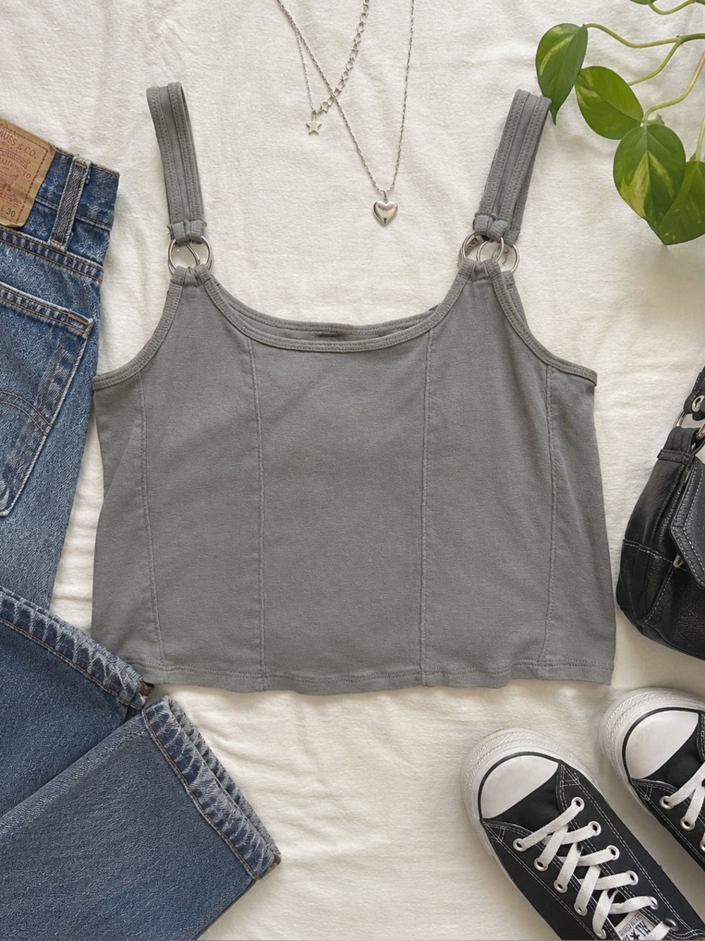 Ninth Hall Gray Ring Strap Crop Tank Top | Size L